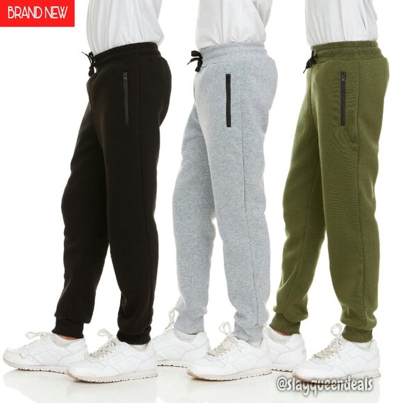 Boys Fleece Sweatpants 3-Pack with Zipper Pocket Drawstring Joggers